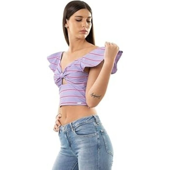 NWT Guess thin stripe Nami Lilac flutter sleeve top size S - Picture 1 of 7